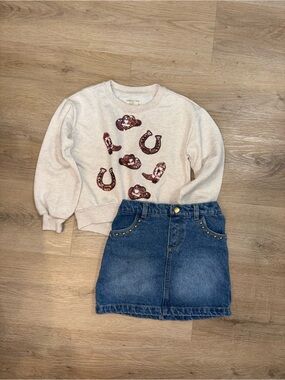 Kids Neutral Sequin Cowgirl Sweatshirt & Denim Skirt Set